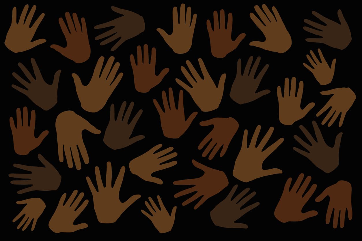 black background with hands of different tones of brown splayed all over the graphic