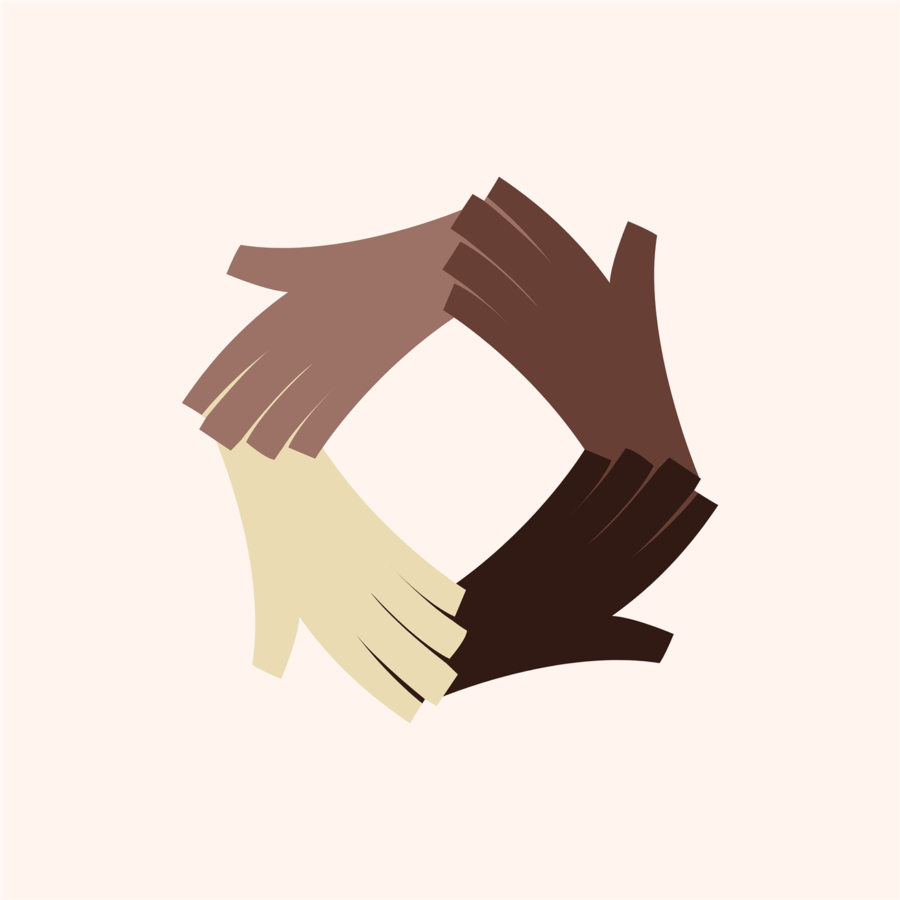 digital image of four hands holding each other in a circle of different skin tones 