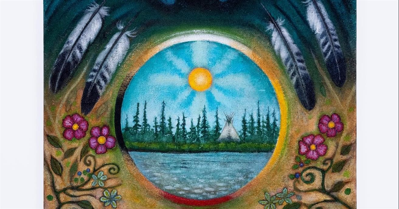 A painting featuring two bison at the bottom and wildflowers along the side. In the middle of the painting is a circle and within it, a lake with trees along the shore and a teepee among the trees; the sun is shinning above. Above the circle, is a raven with its wings spread open. There is a night sky behind the black bird. 