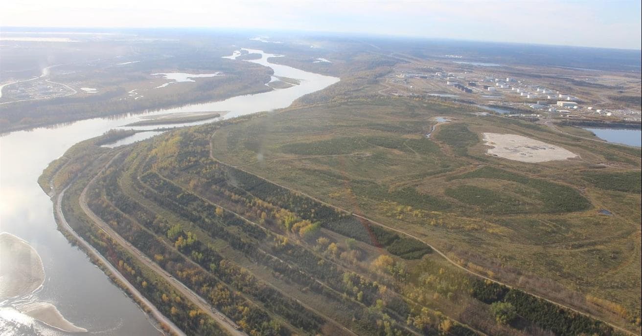 An aerial view of the reclaimed Tar Island Dyke near Fort McMurray
