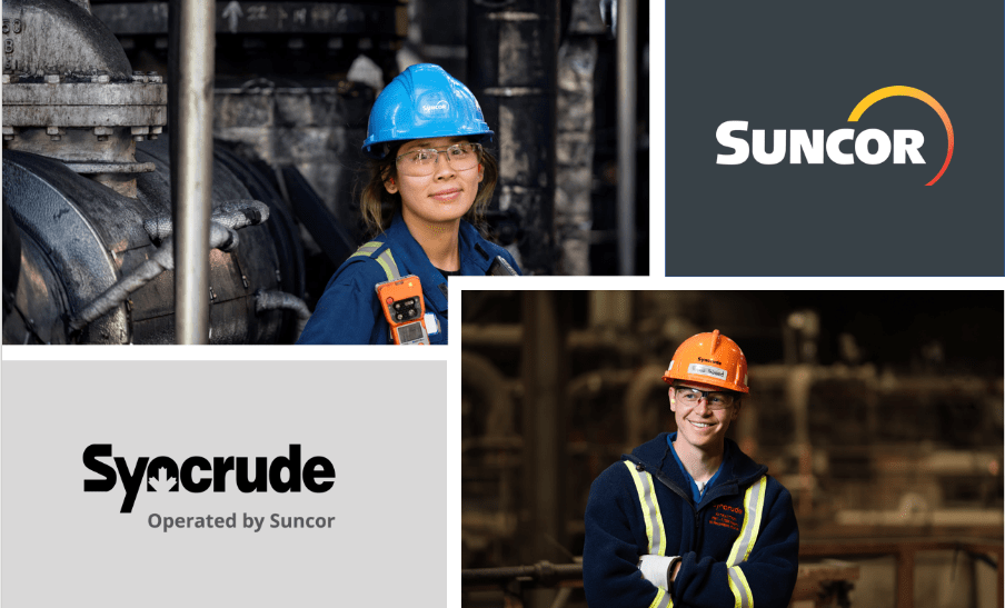 The image includes a woman wearing blue coveralls, safety glasses, and a blue hardhat that says Suncor. She is standing in front of large pipes and beside her photo is the Suncor logo. In the bottom left of the image is a man wearing an orange Syncrude hardhat, safety glasses and a navy jacket with reflective strips. In the bottom right corner is the Syncrude logo. 