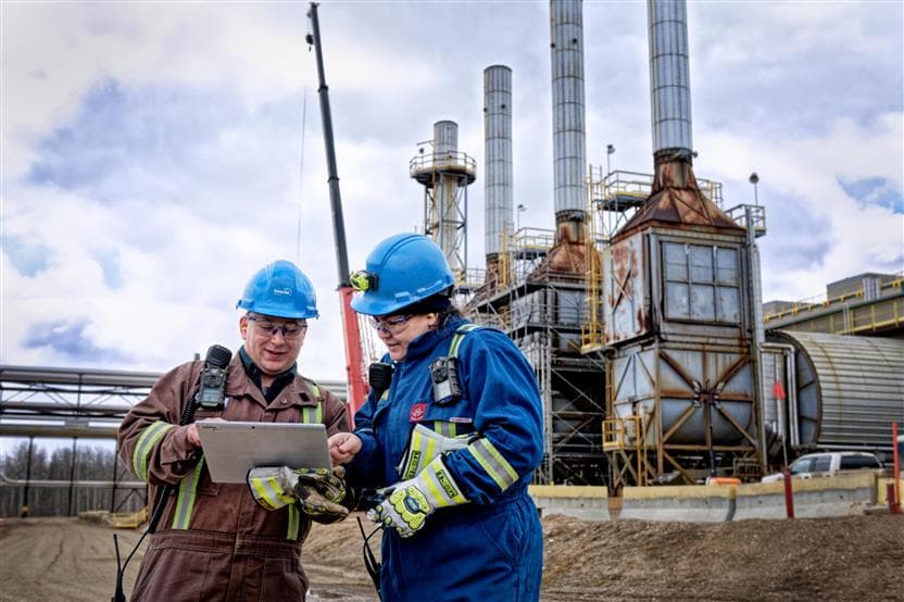Two workers looking at a Surface tablet at MacKay River Unit 900. They are wearing blue hard hats, ear plugs, safety glasses, face masks and coveralls. There are Cogen stacks in the background.